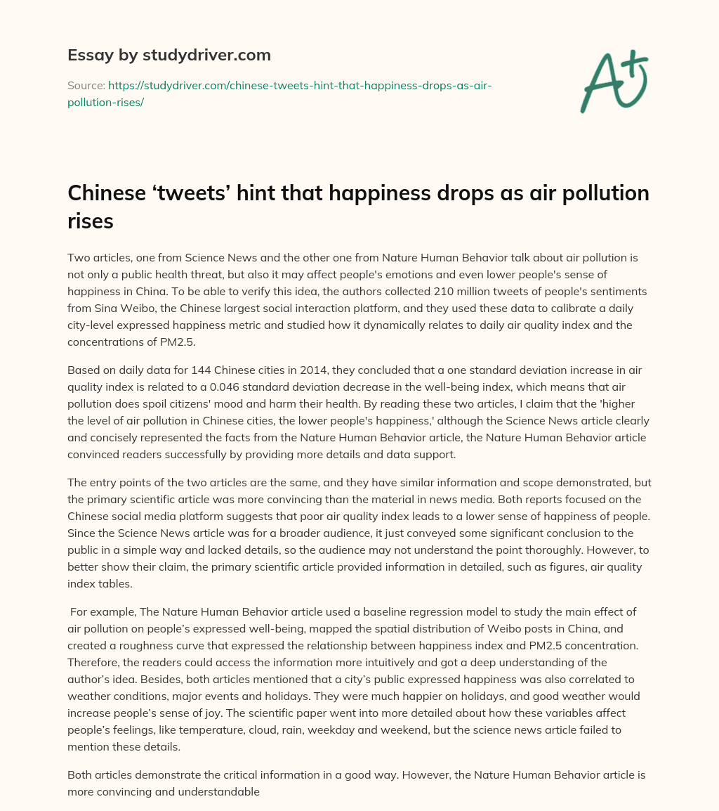 Chinese ‘tweets’ Hint that Happiness Drops as Air Pollution Rises essay