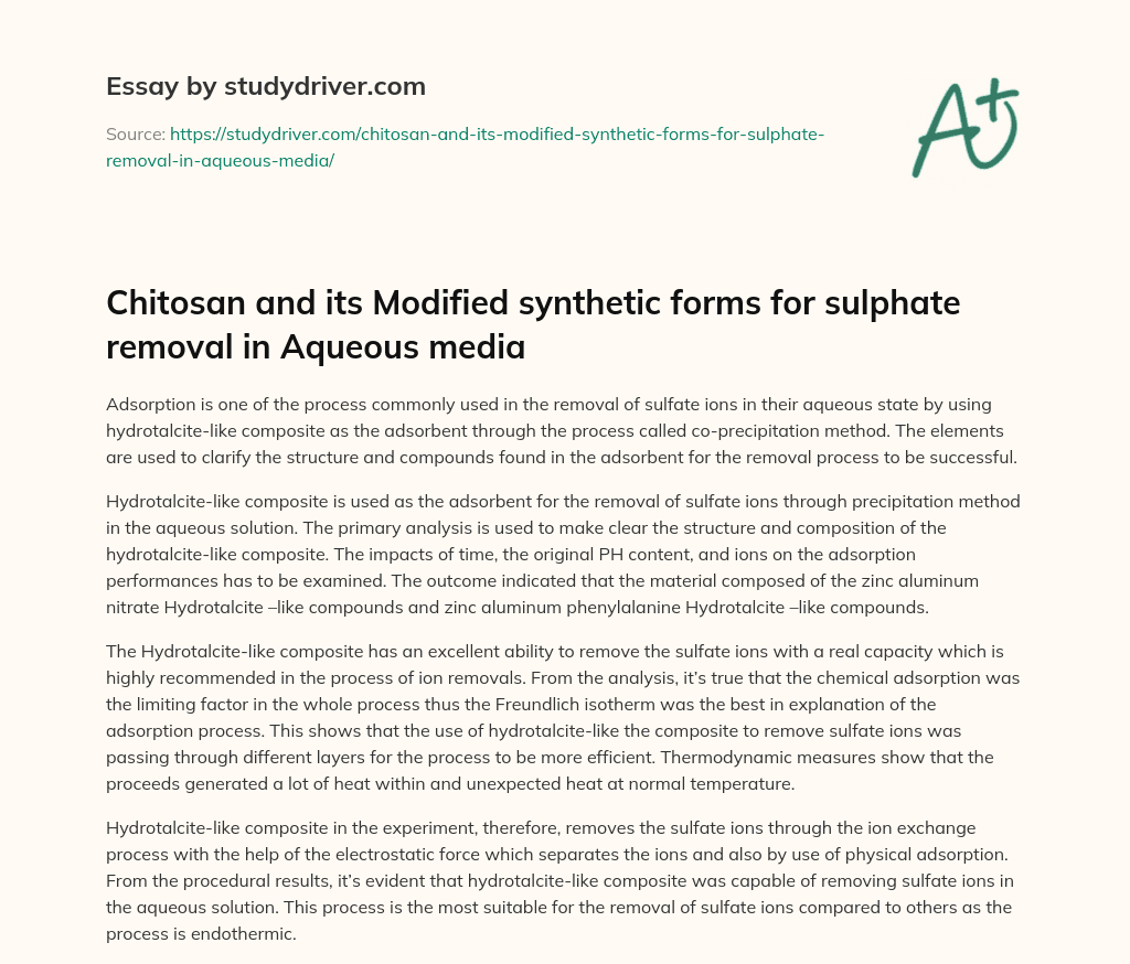 Chitosan and its Modified Synthetic Forms for Sulphate Removal in Aqueous Media essay