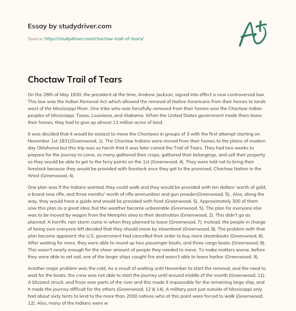 Choctaw Trail of Tears essay