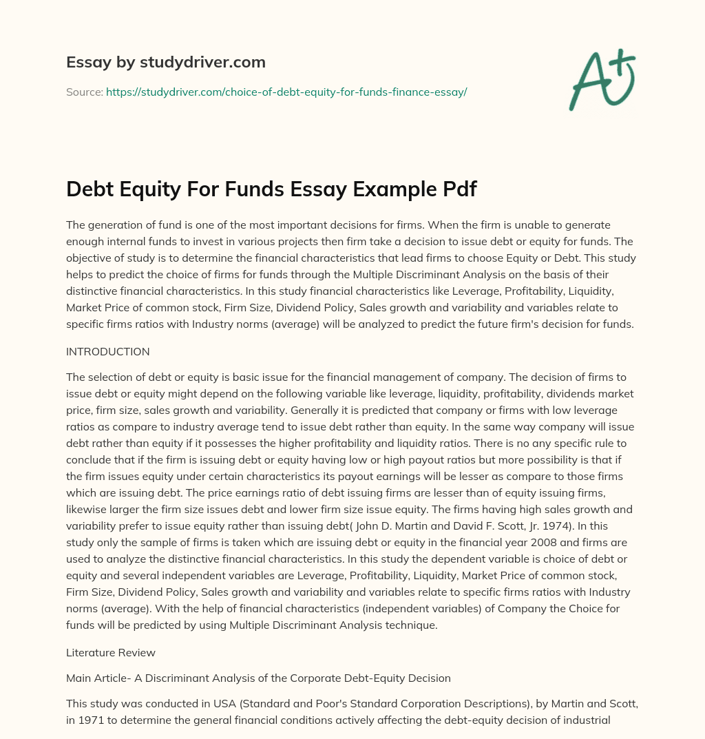 Debt Equity for Funds Essay Example Pdf essay