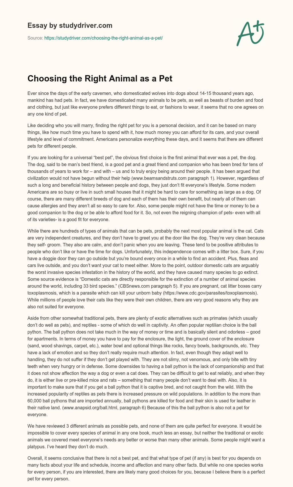 Choosing the Right Animal as a Pet essay