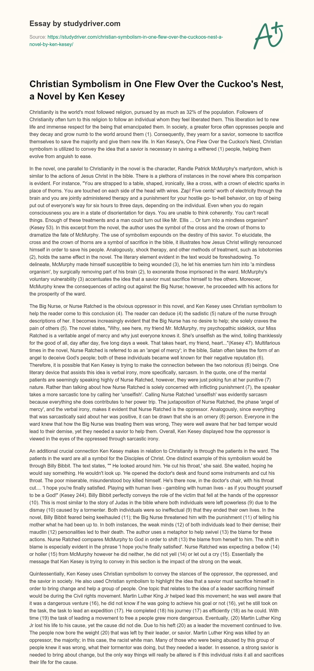 Christian Symbolism in One Flew over the Cuckoo’s Nest, a Novel by Ken Kesey essay