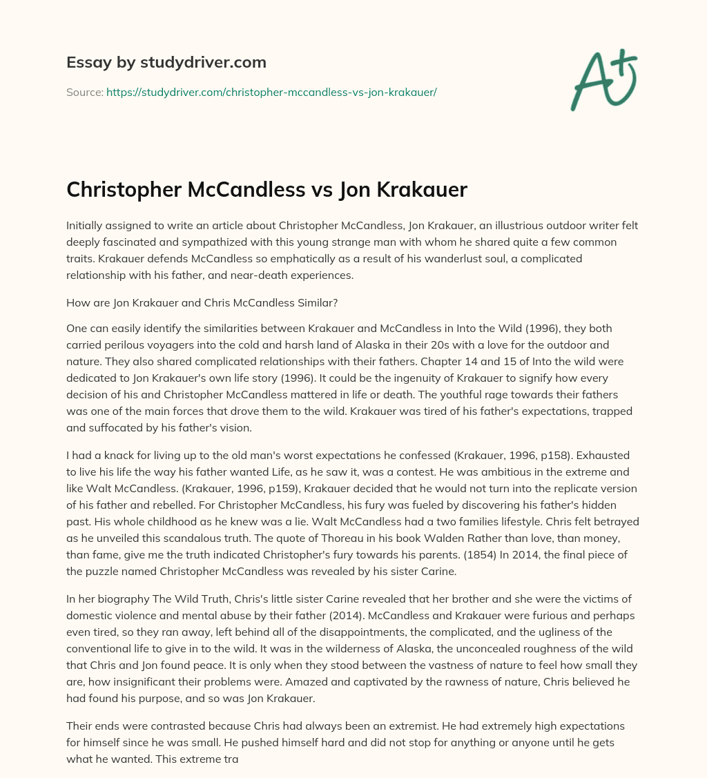 Christopher McCandless Vs Jon Krakauer essay