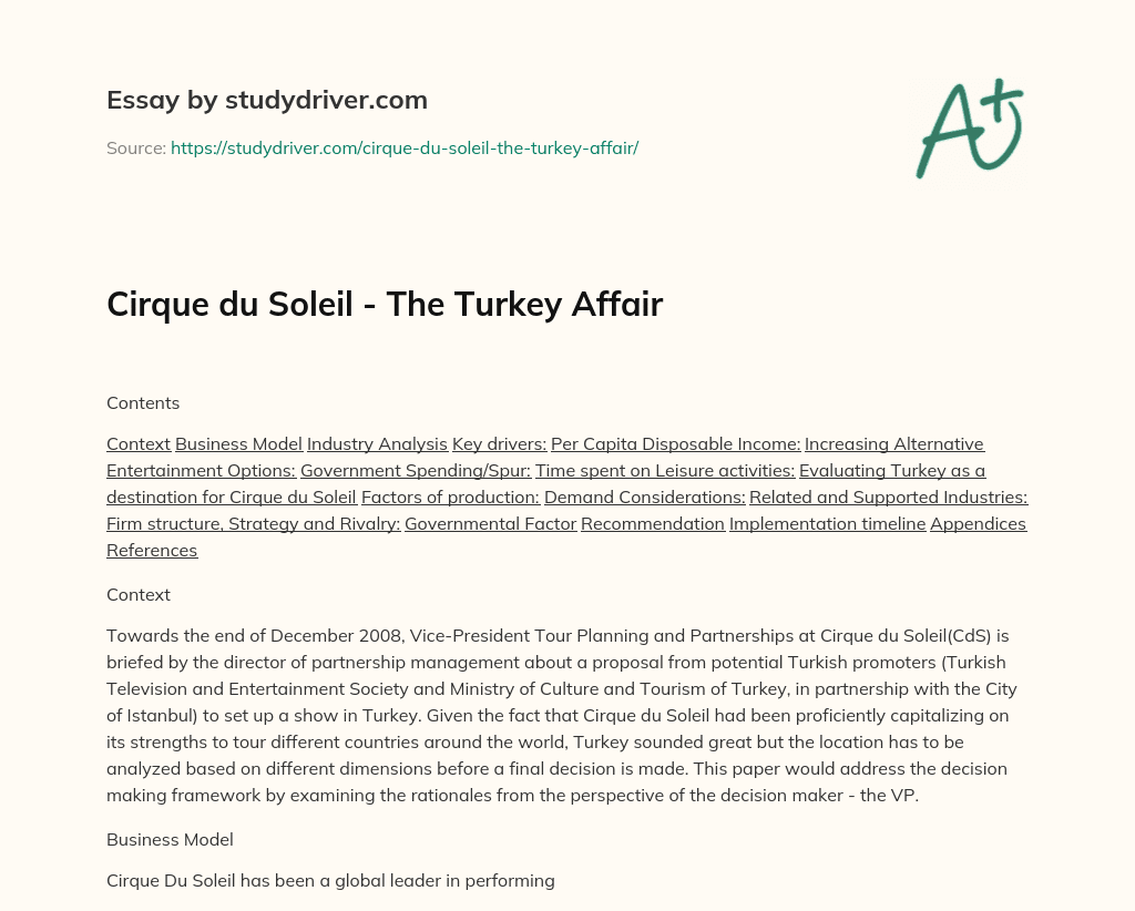 Cirque Du Soleil – the Turkey Affair essay