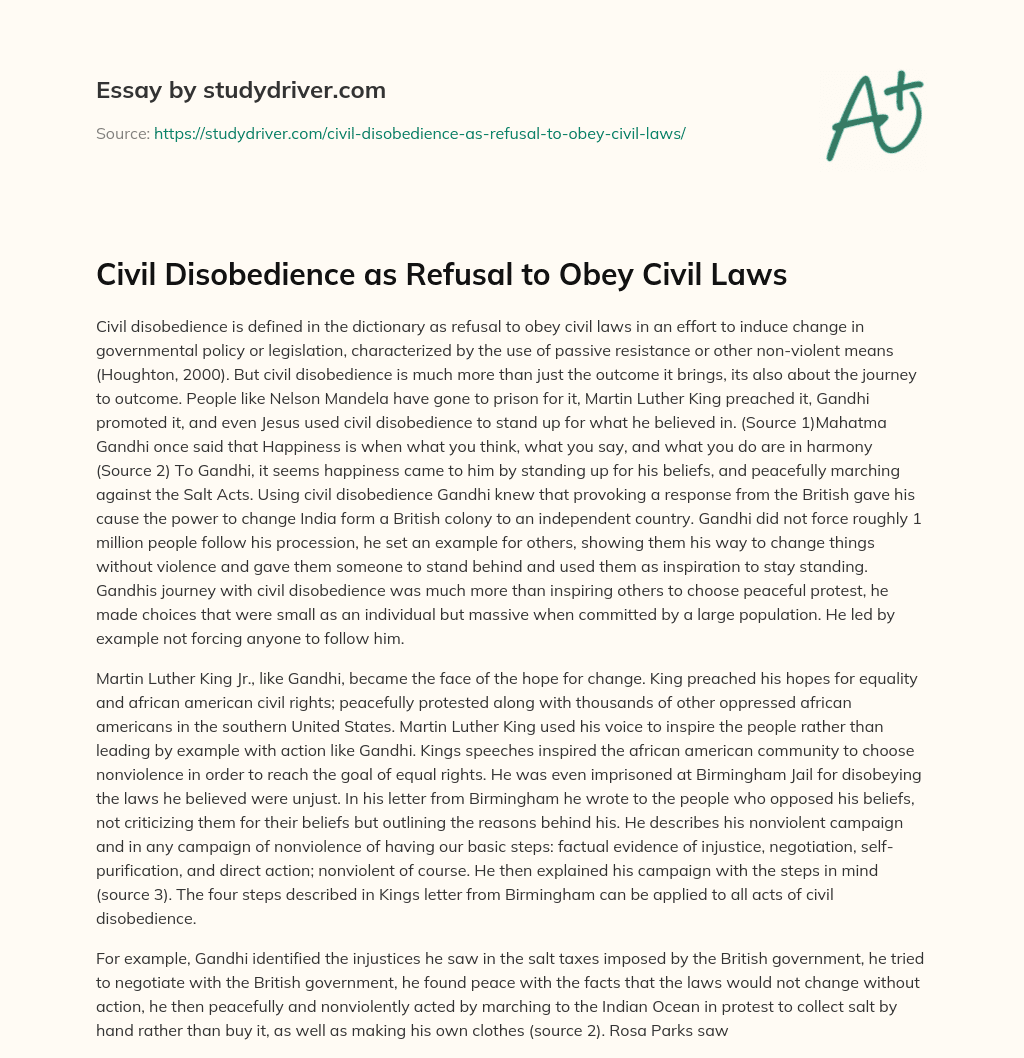 Civil Disobedience as Refusal to Obey Civil Laws essay