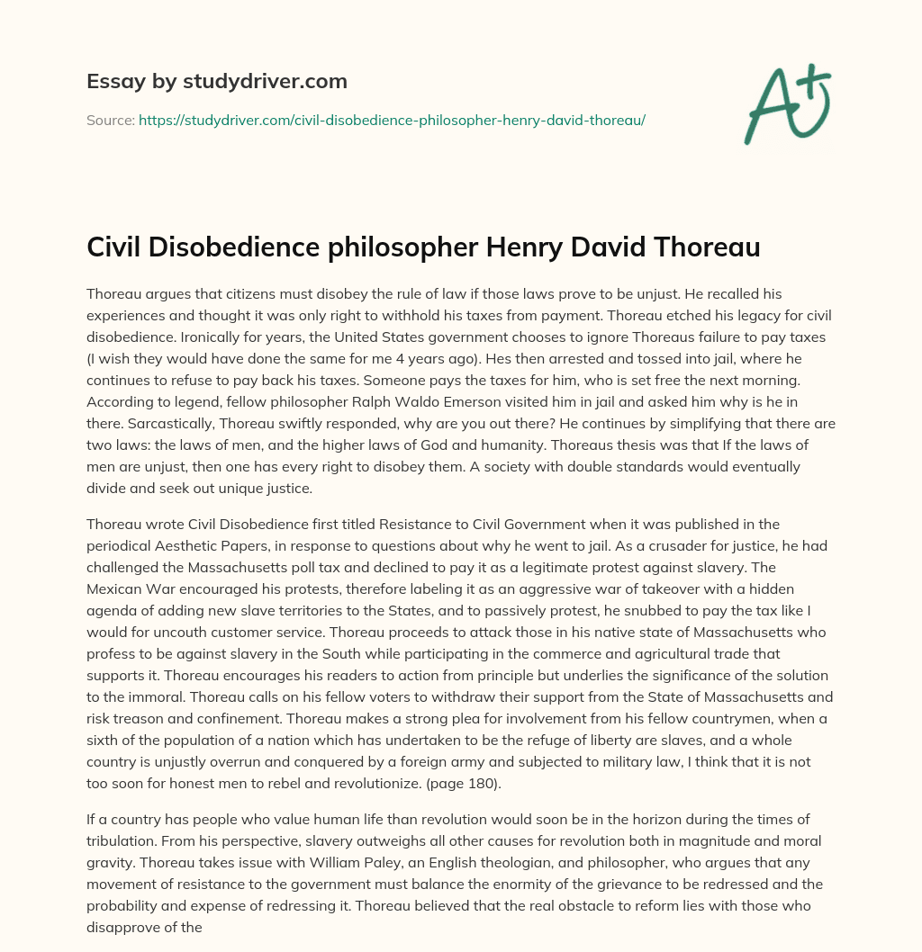 Civil Disobedience Philosopher Henry David Thoreau essay