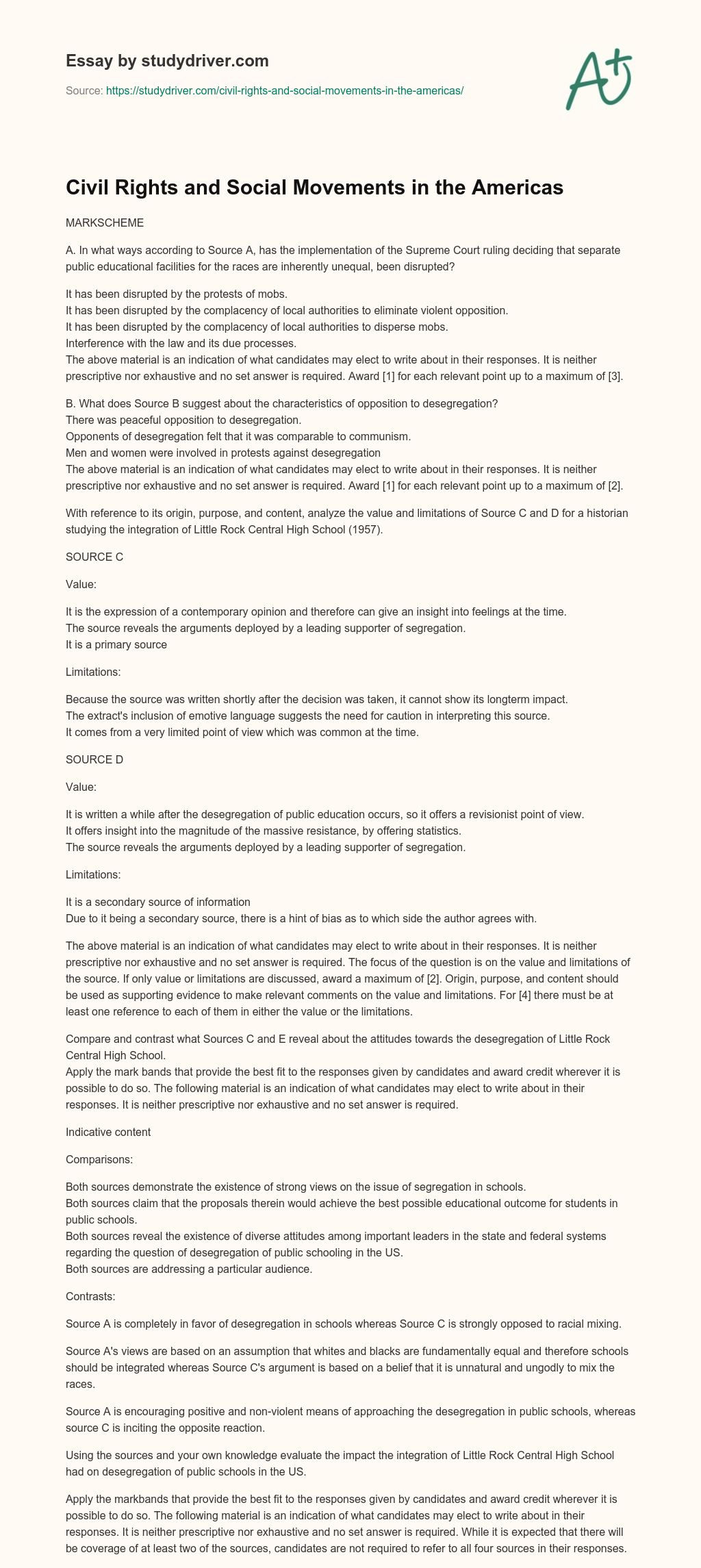 Civil Rights and Social Movements in the Americas essay