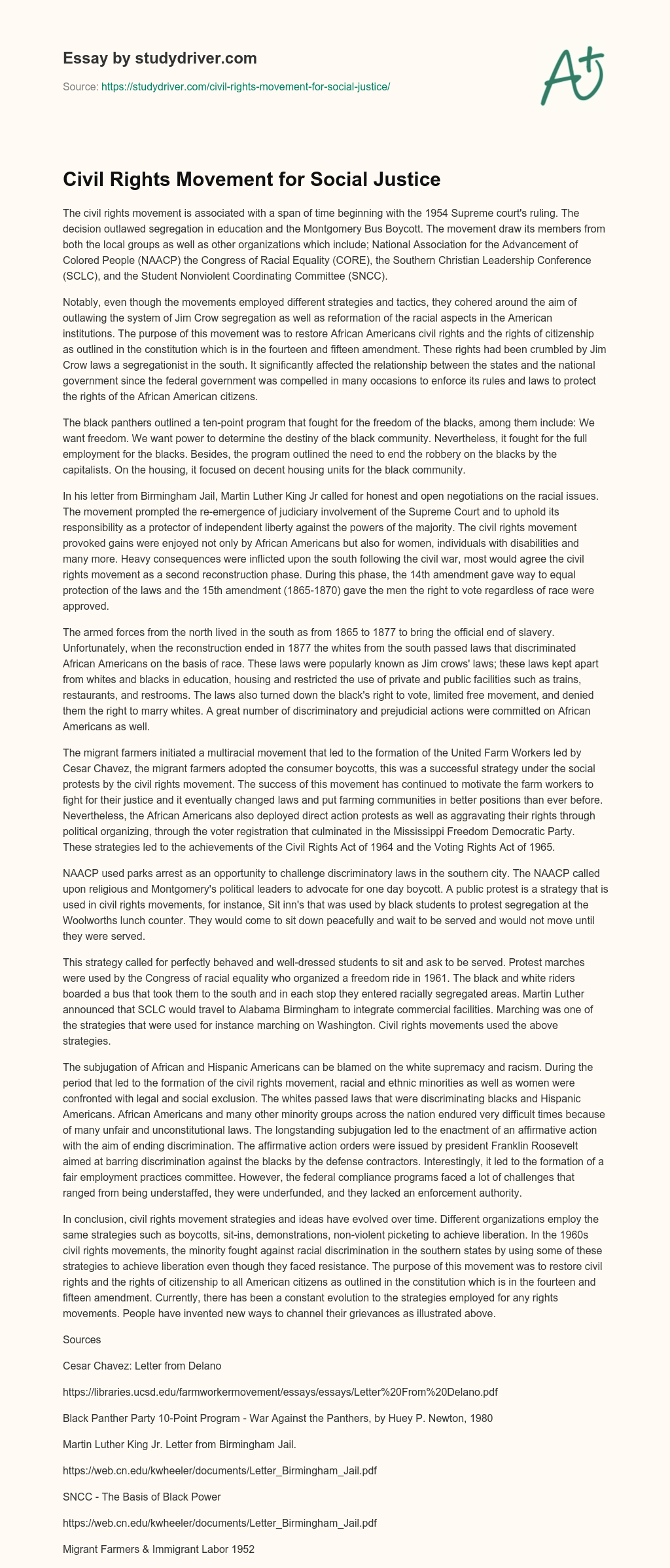 Civil Rights Movement for Social Justice essay
