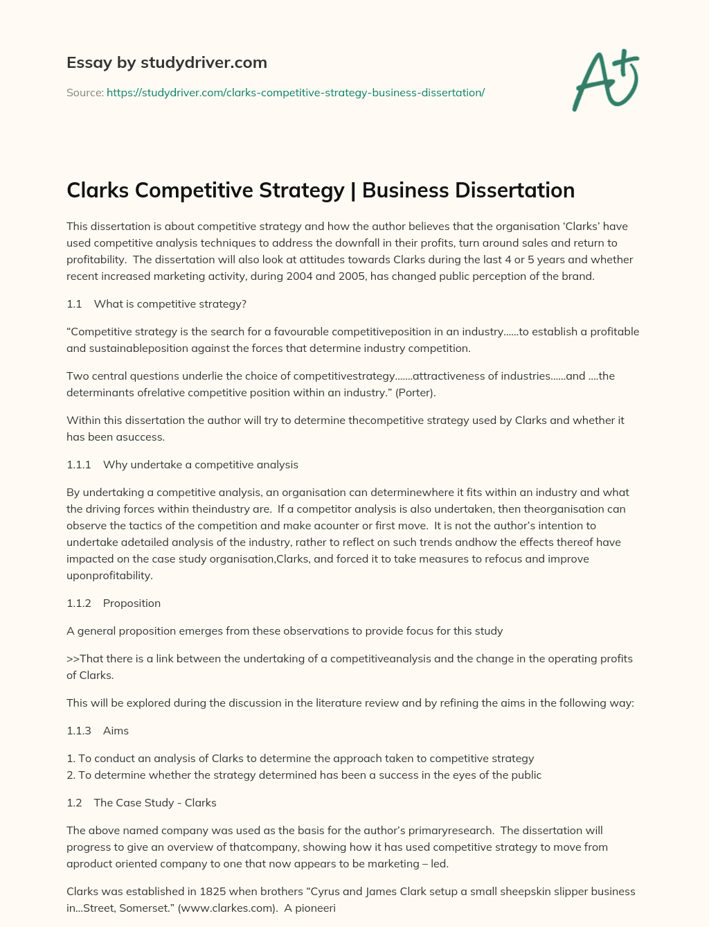 Clarks Competitive Strategy | Business Dissertation essay