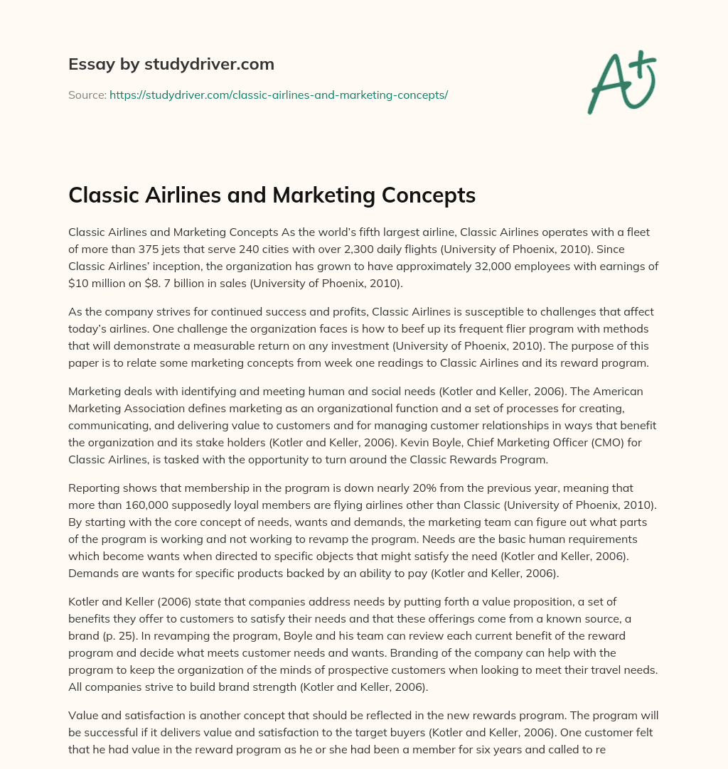 Classic Airlines and Marketing Concepts essay