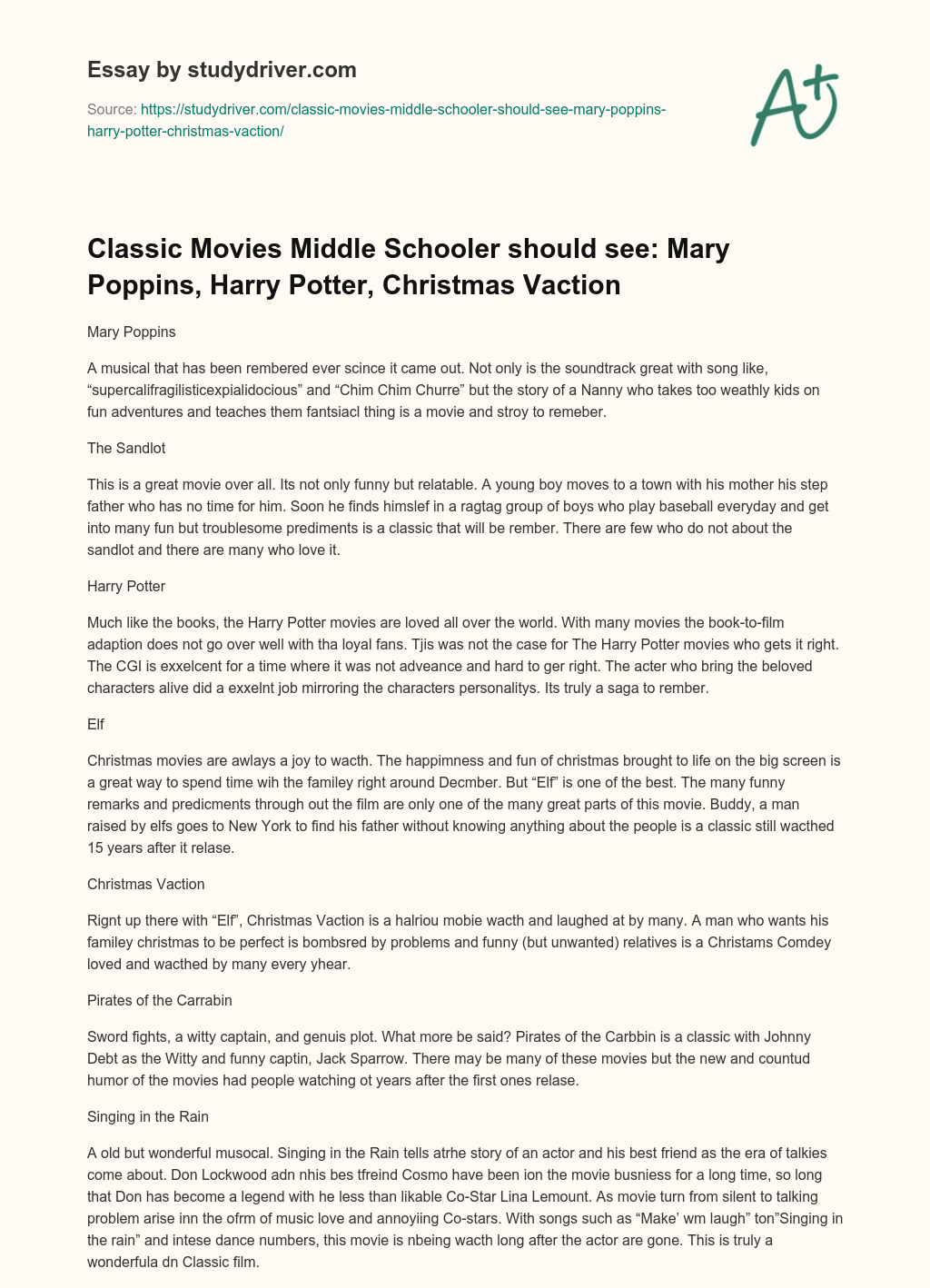 Classic Movies Middle Schooler should See: Mary Poppins, Harry Potter, Christmas Vaction essay
