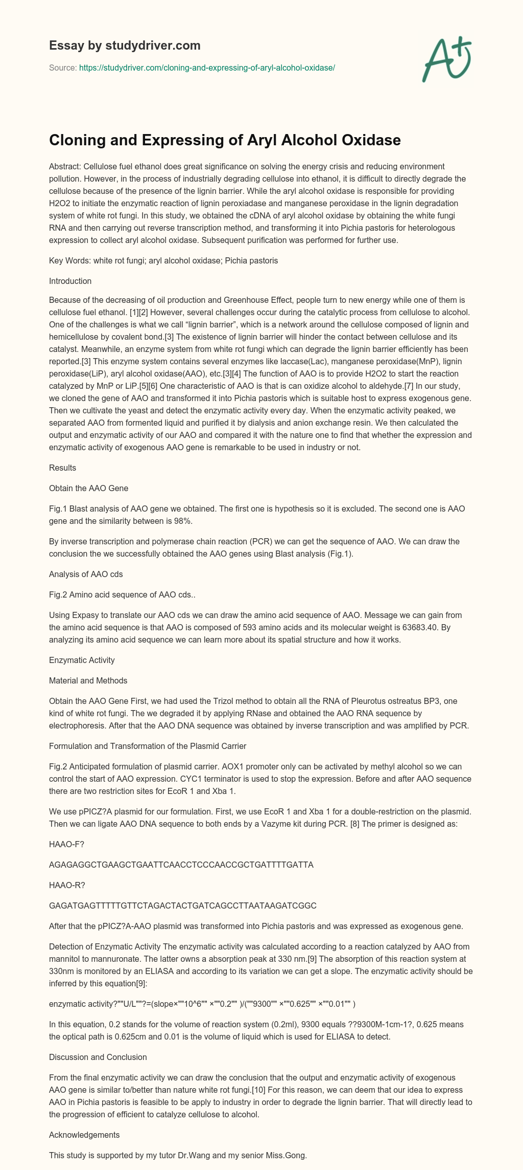 Cloning and Expressing of Aryl Alcohol Oxidase essay