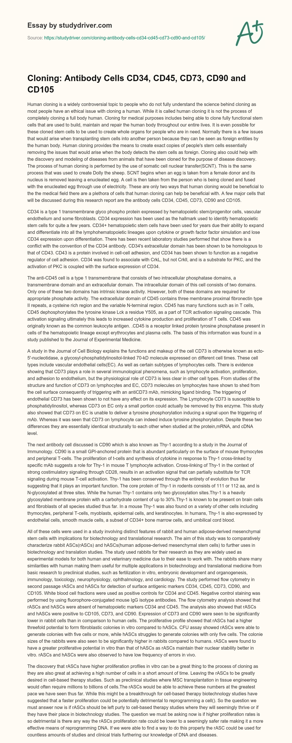 Cloning: Antibody Cells CD34, CD45, CD73, CD90 and CD105 essay