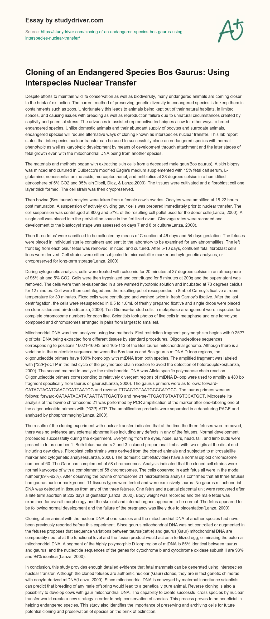 Cloning of an Endangered Species Bos Gaurus: Using Interspecies Nuclear Transfer essay