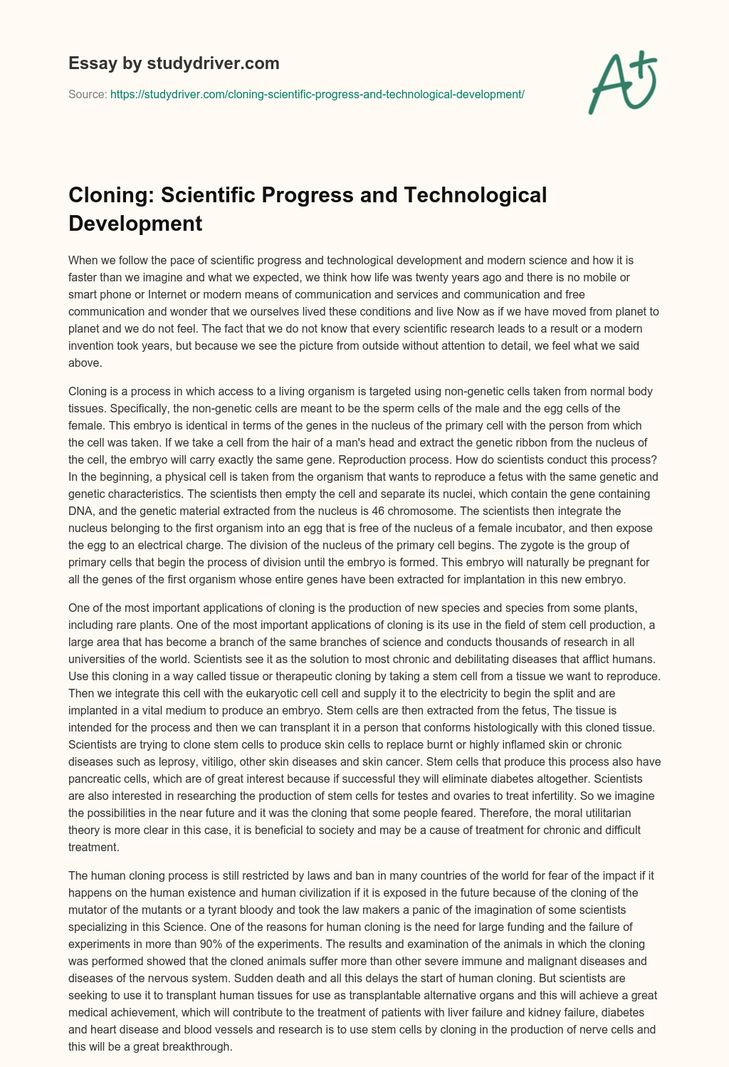 Cloning: Scientific Progress and Technological Development essay