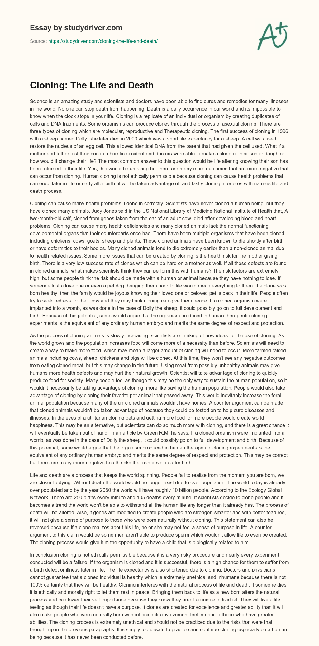 Cloning: the Life and Death essay