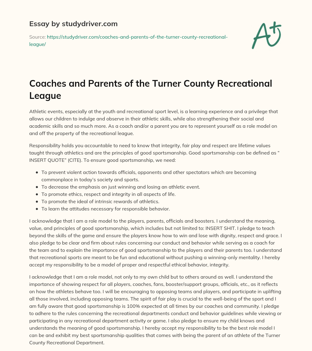 Coaches and Parents of the Turner County Recreational League essay