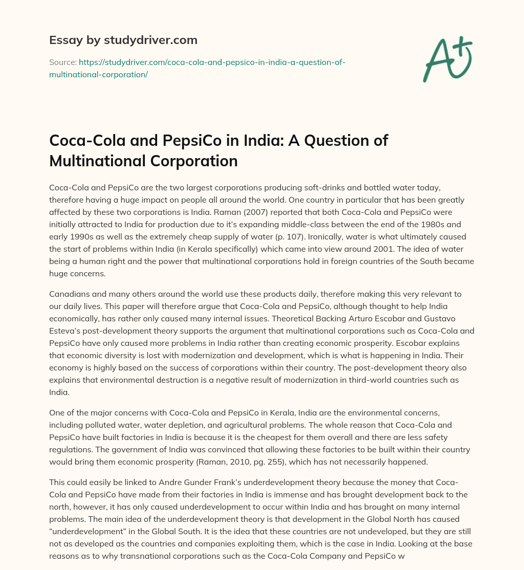 Coca-Cola and PepsiCo in India: a Question of Multinational Corporation essay