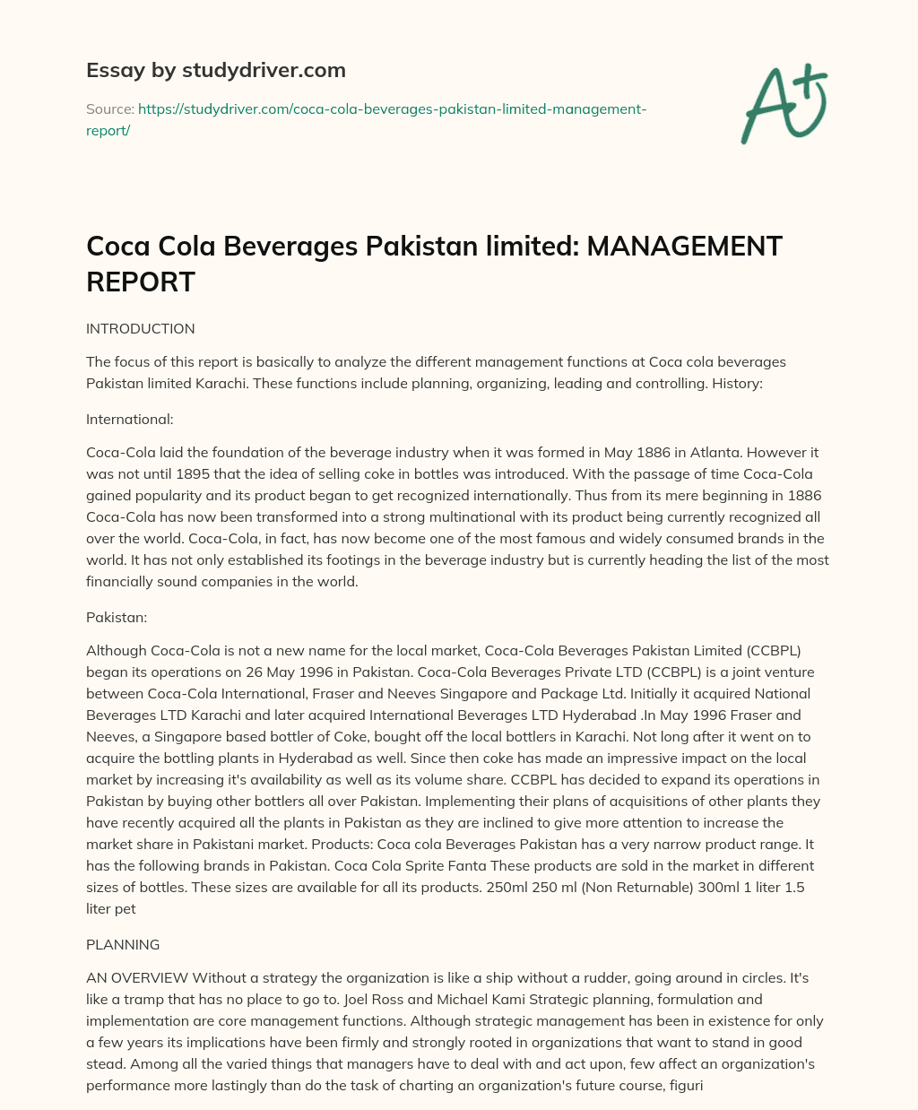 Coca Cola Beverages Pakistan Limited: MANAGEMENT REPORT essay