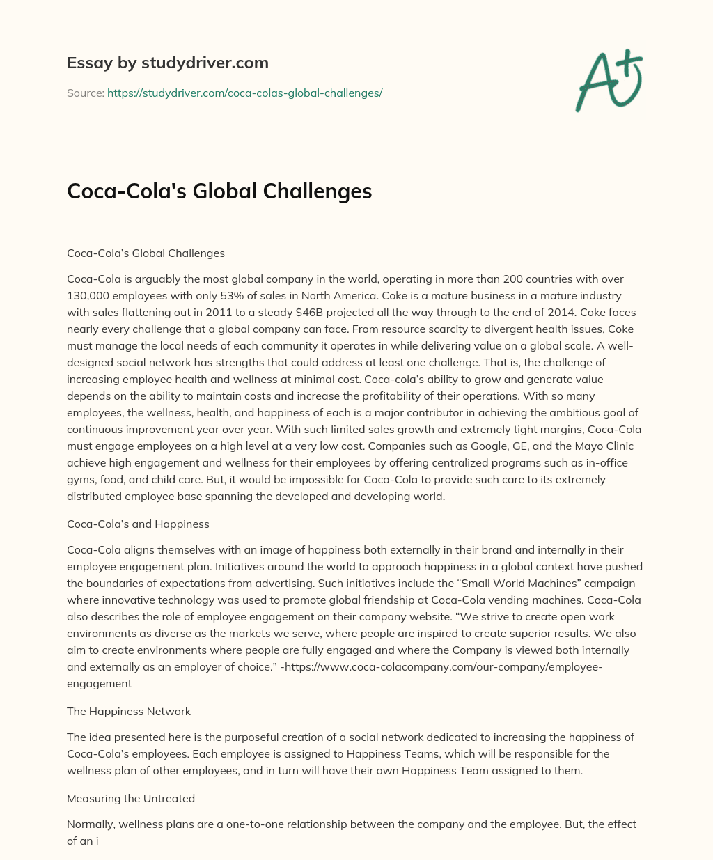 Coca-Cola’s Global Challenges essay