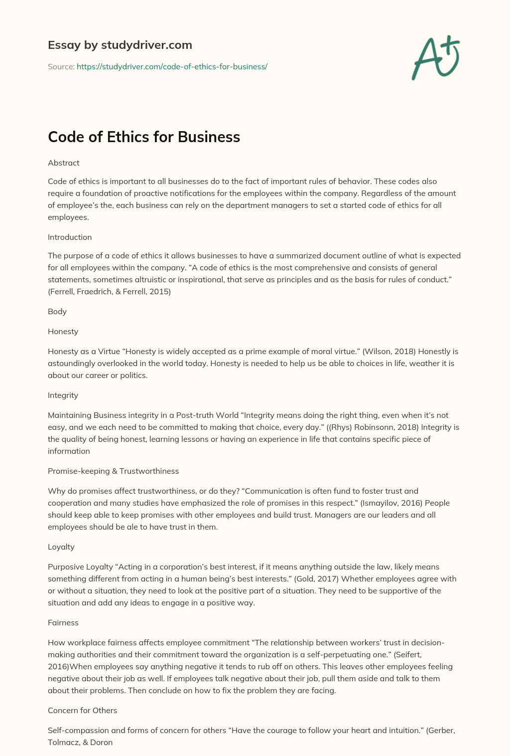 Code of Ethics for Business essay