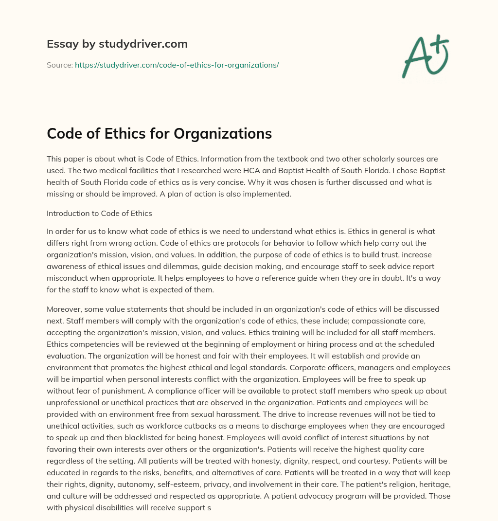 Code of Ethics for Organizations essay