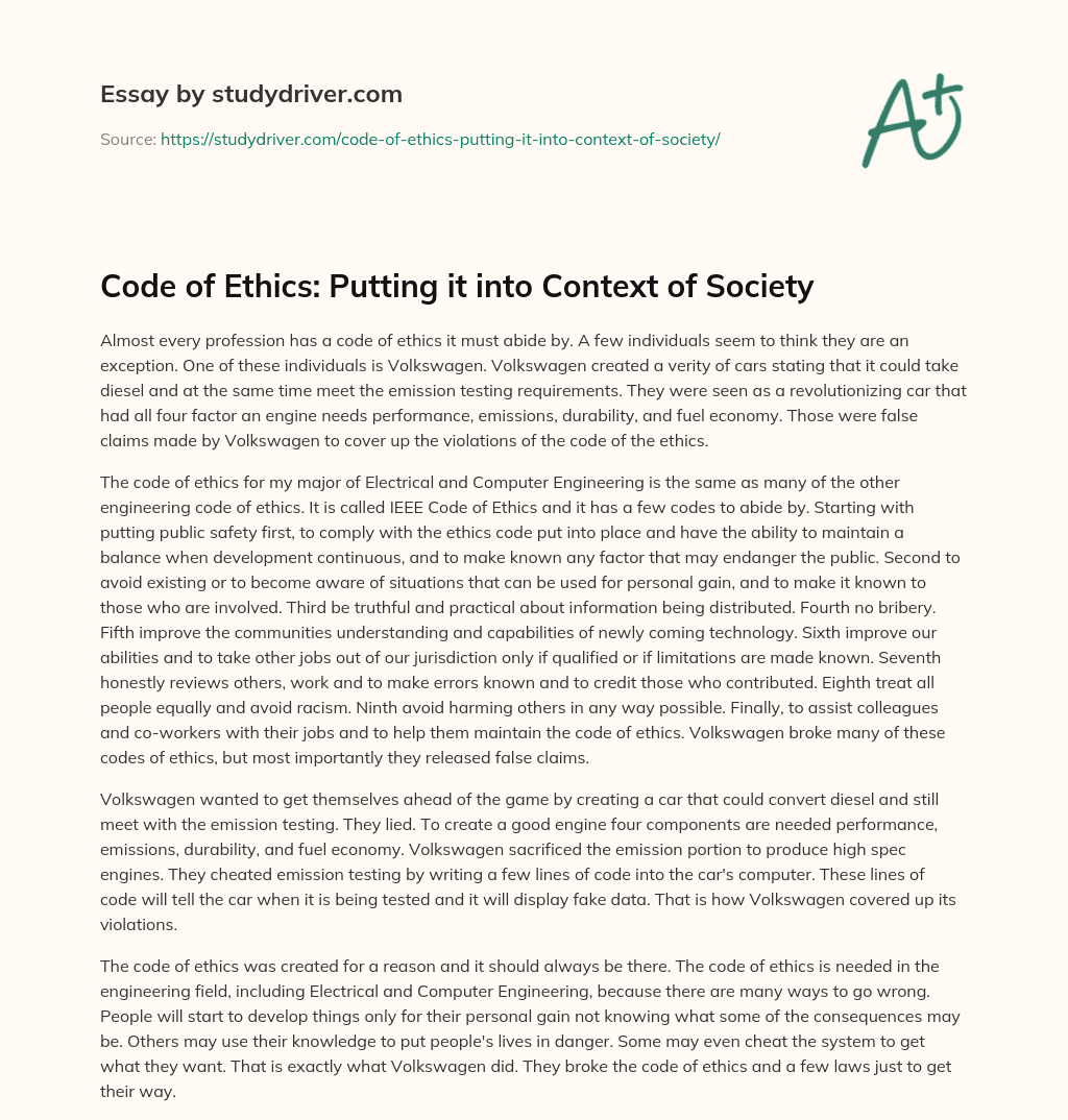 Code of Ethics: Putting it into Context of Society essay
