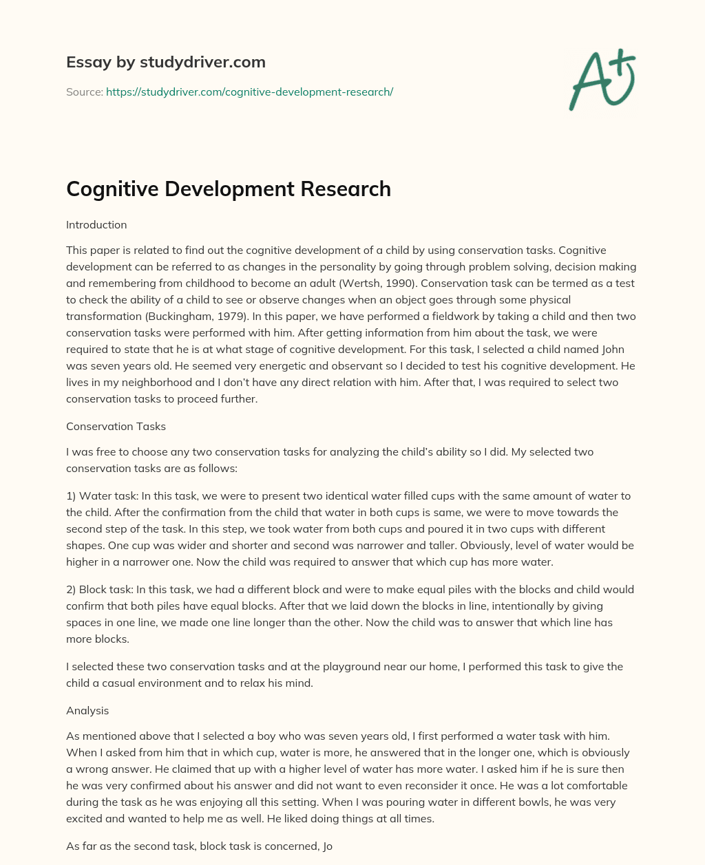 Cognitive Development Research essay