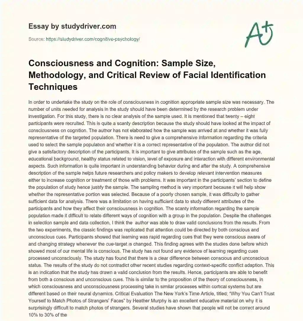 Consciousness and Cognition: Sample Size, Methodology, and Critical Review of Facial Identification Techniques essay