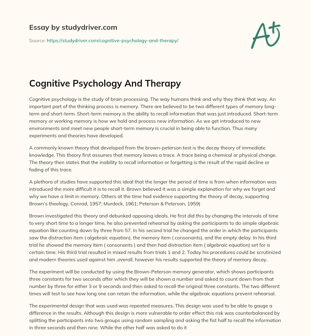 Cognitive Psychology and Therapy  essay