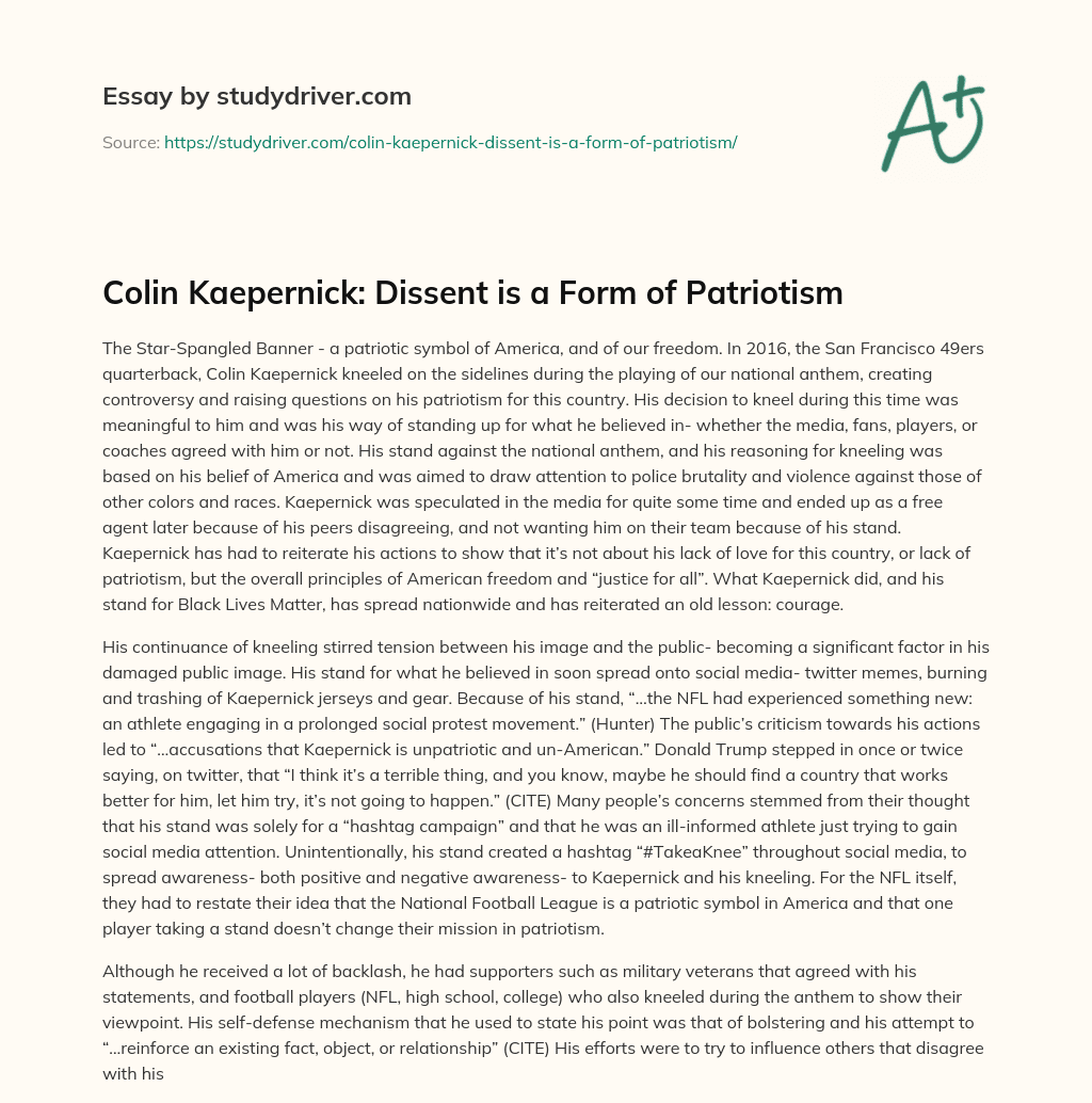 Colin Kaepernick: Dissent is a Form of Patriotism essay