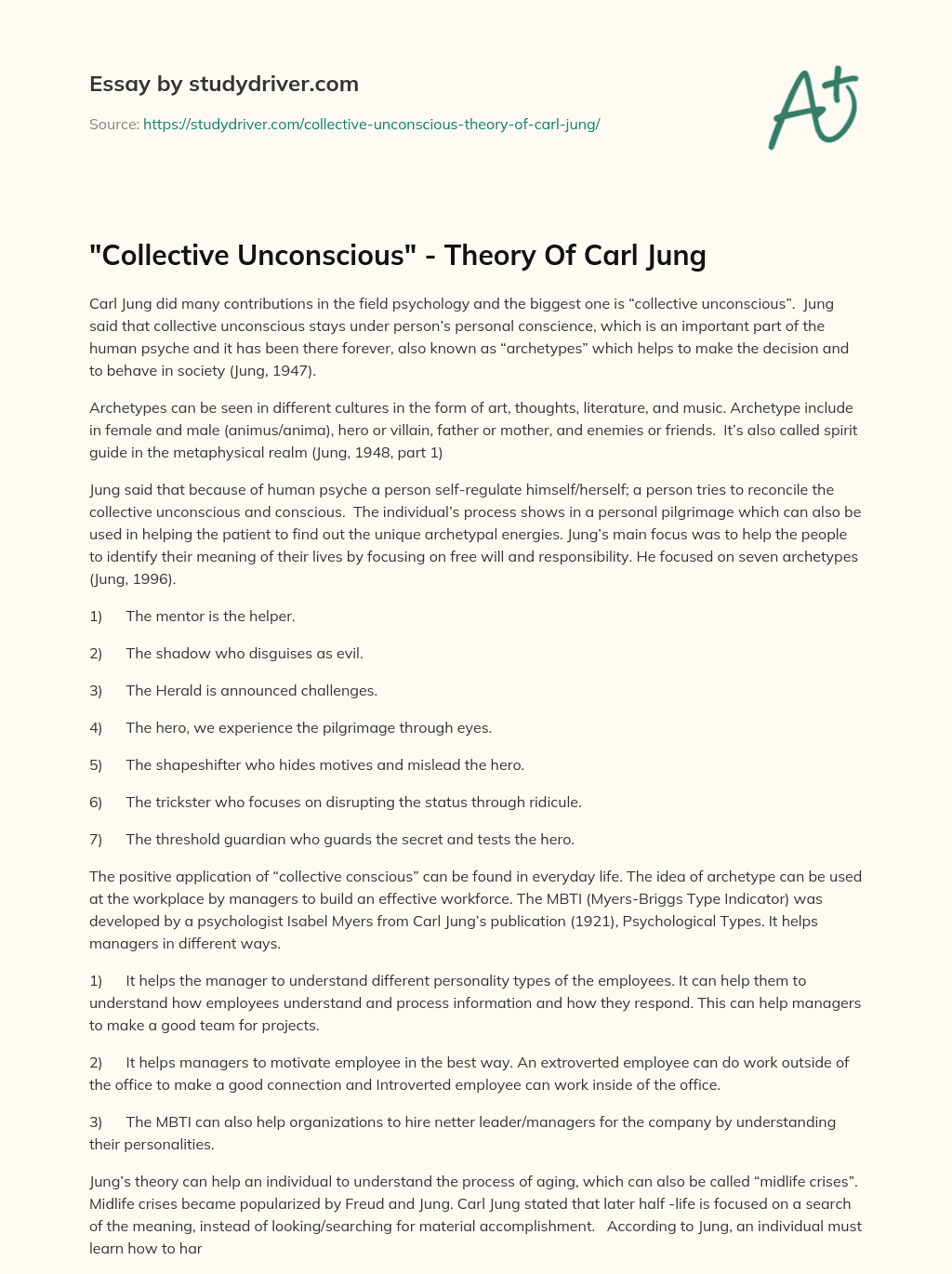 “Collective Unconscious” – Theory of Carl Jung essay