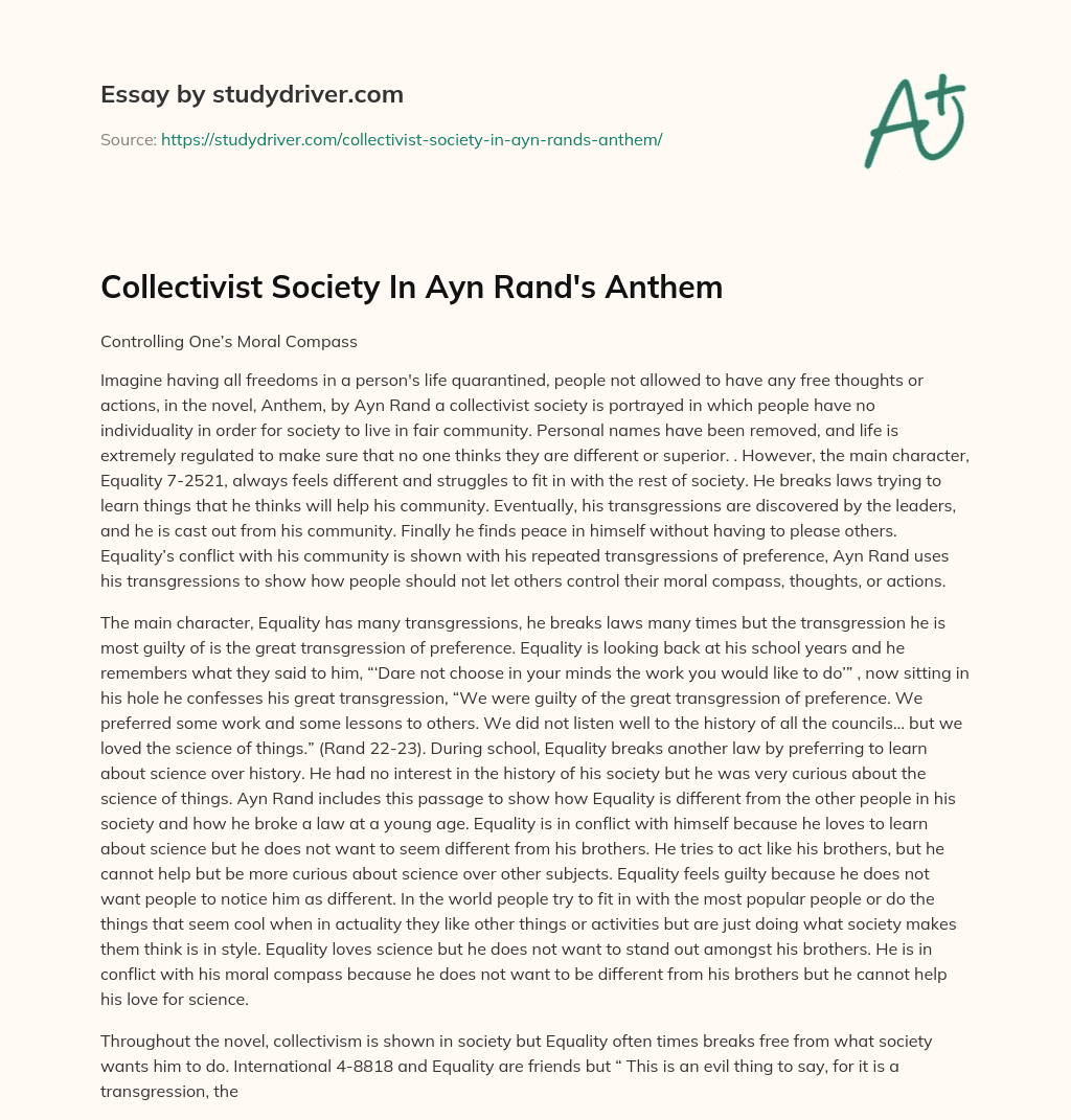 Collectivist Society in Ayn Rand’s Anthem essay