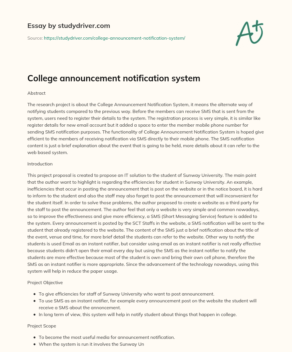 College Announcement Notification System essay