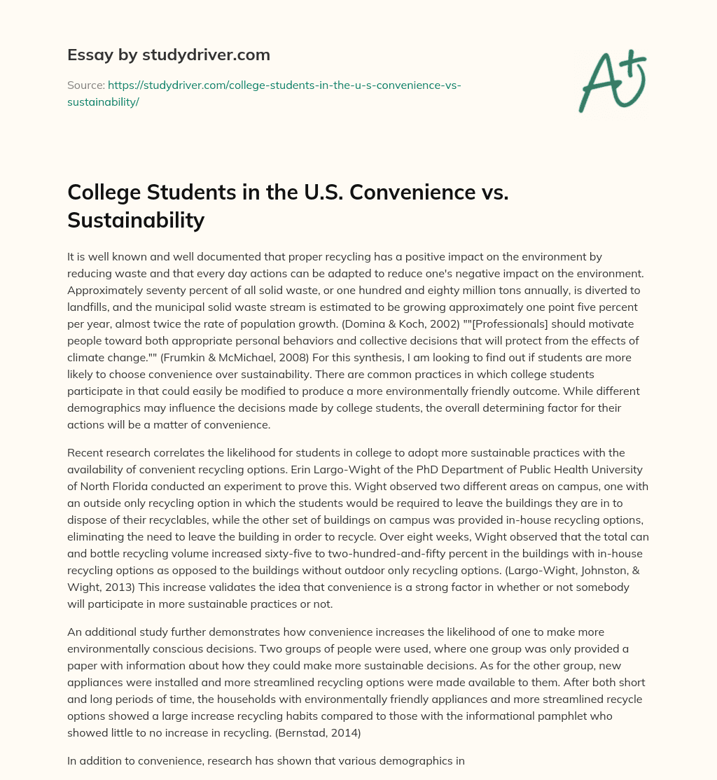 College Students in the U.S. Convenience Vs. Sustainability essay