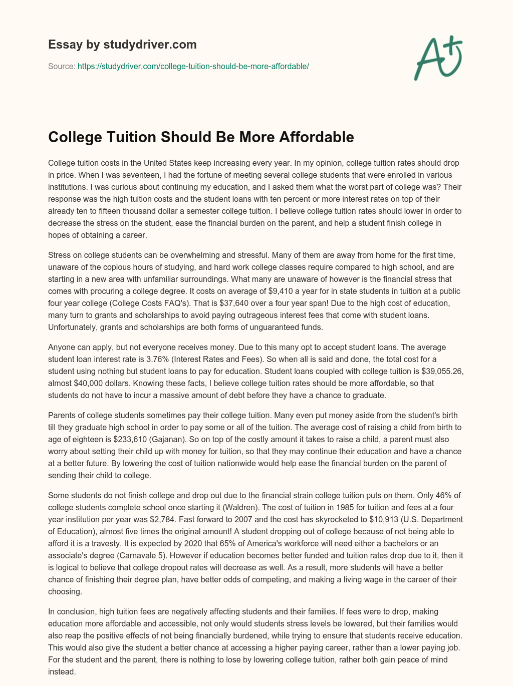 College Tuition should be more Affordable essay