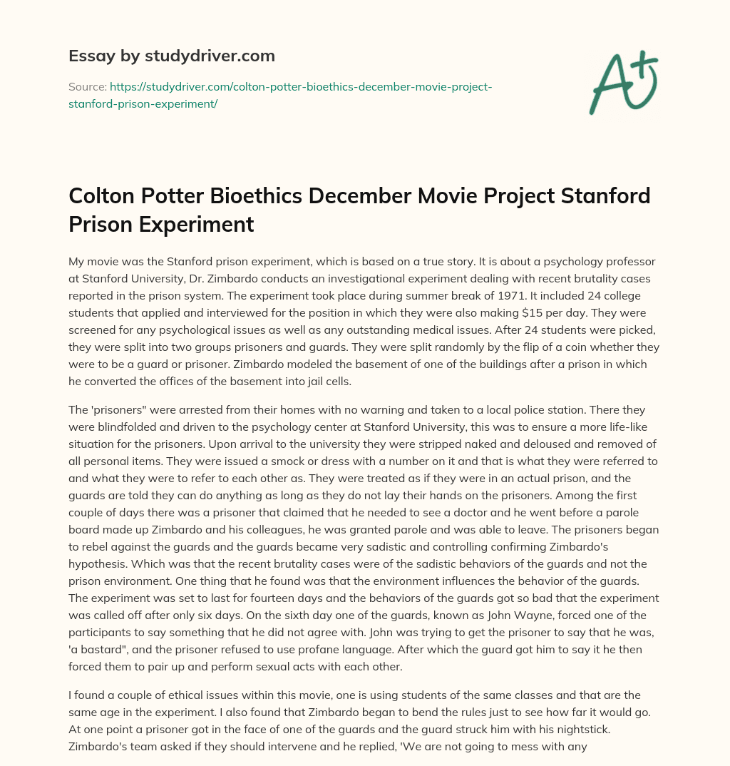 Colton Potter Bioethics December Movie Project Stanford Prison Experiment essay