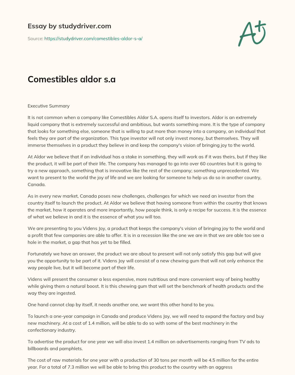 Comestibles Aldor S.a essay
