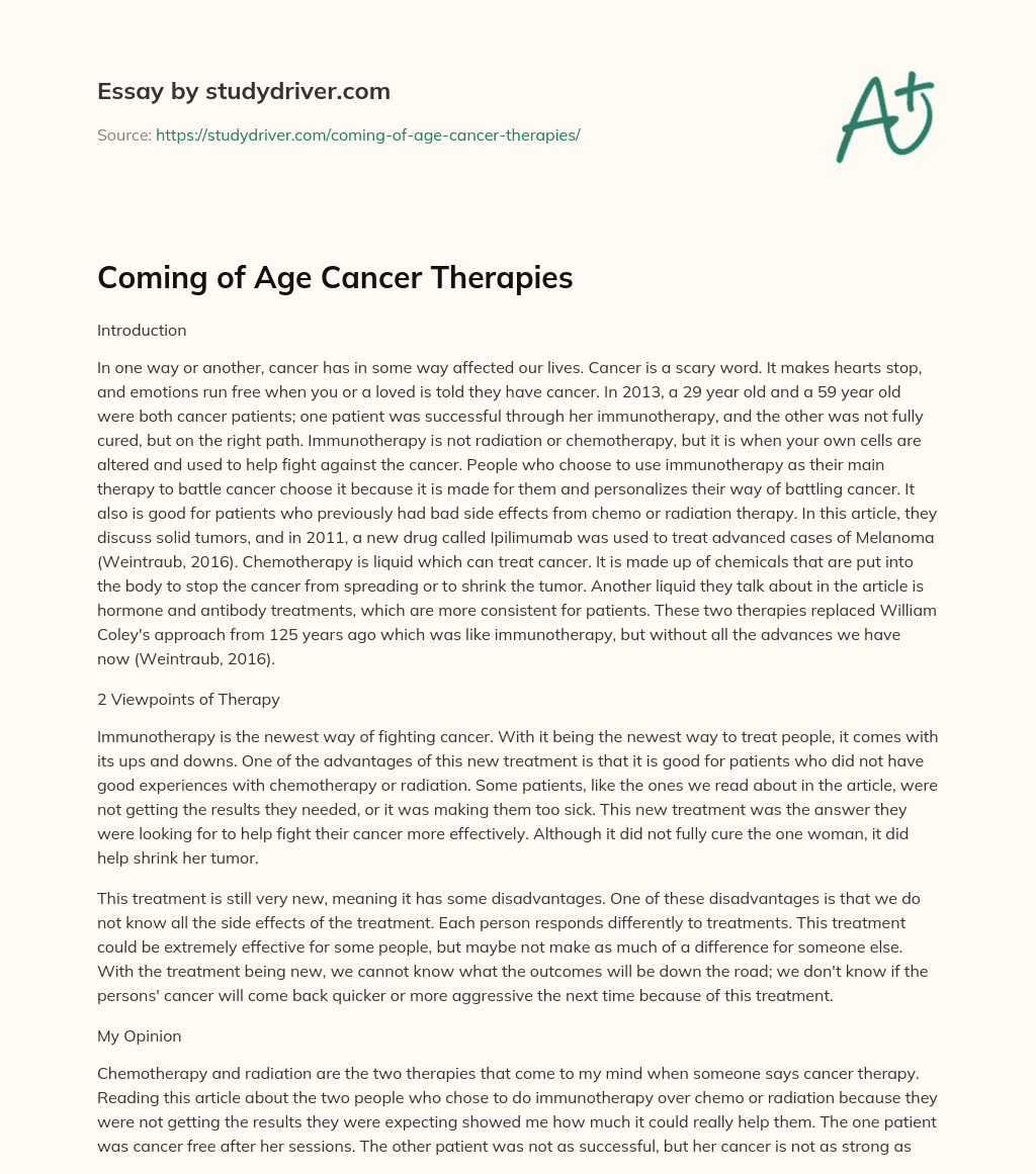 Coming of Age Cancer Therapies essay