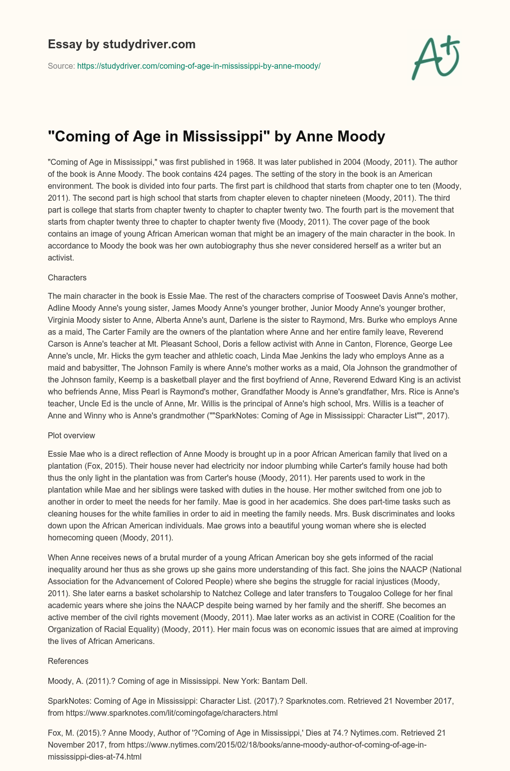 “Coming of Age in Mississippi” by Anne Moody essay