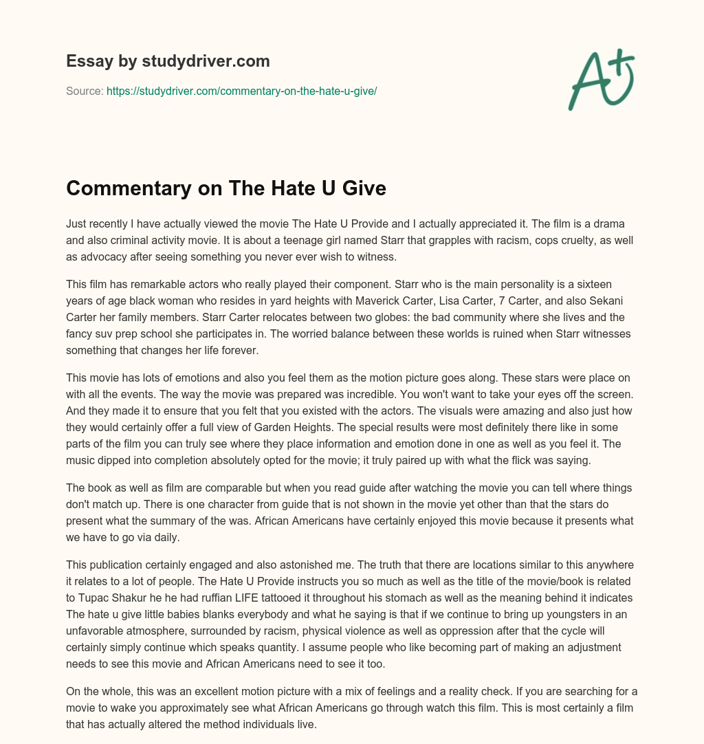 Commentary on the Hate U Give essay