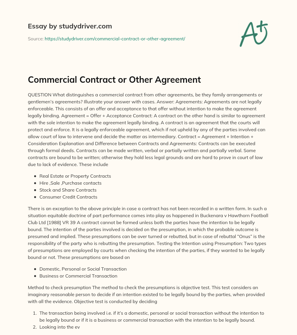 Commercial Contract or other Agreement essay