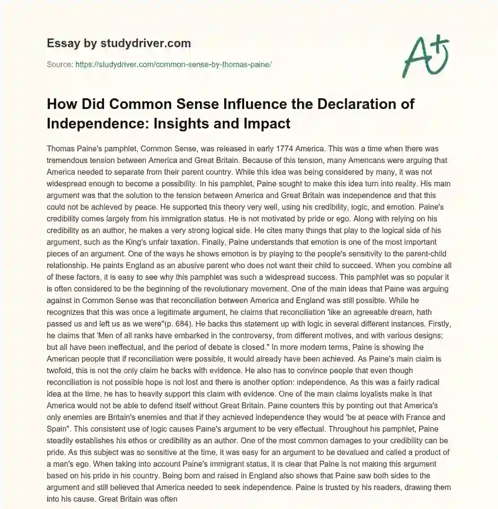 Common Sense by Thomas Paine essay