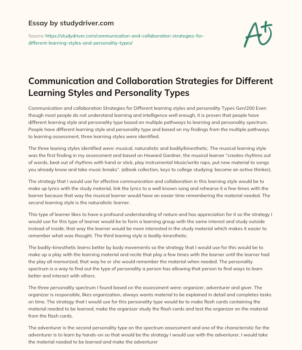 Communication and Collaboration Strategies for Different Learning Styles and Personality Types essay