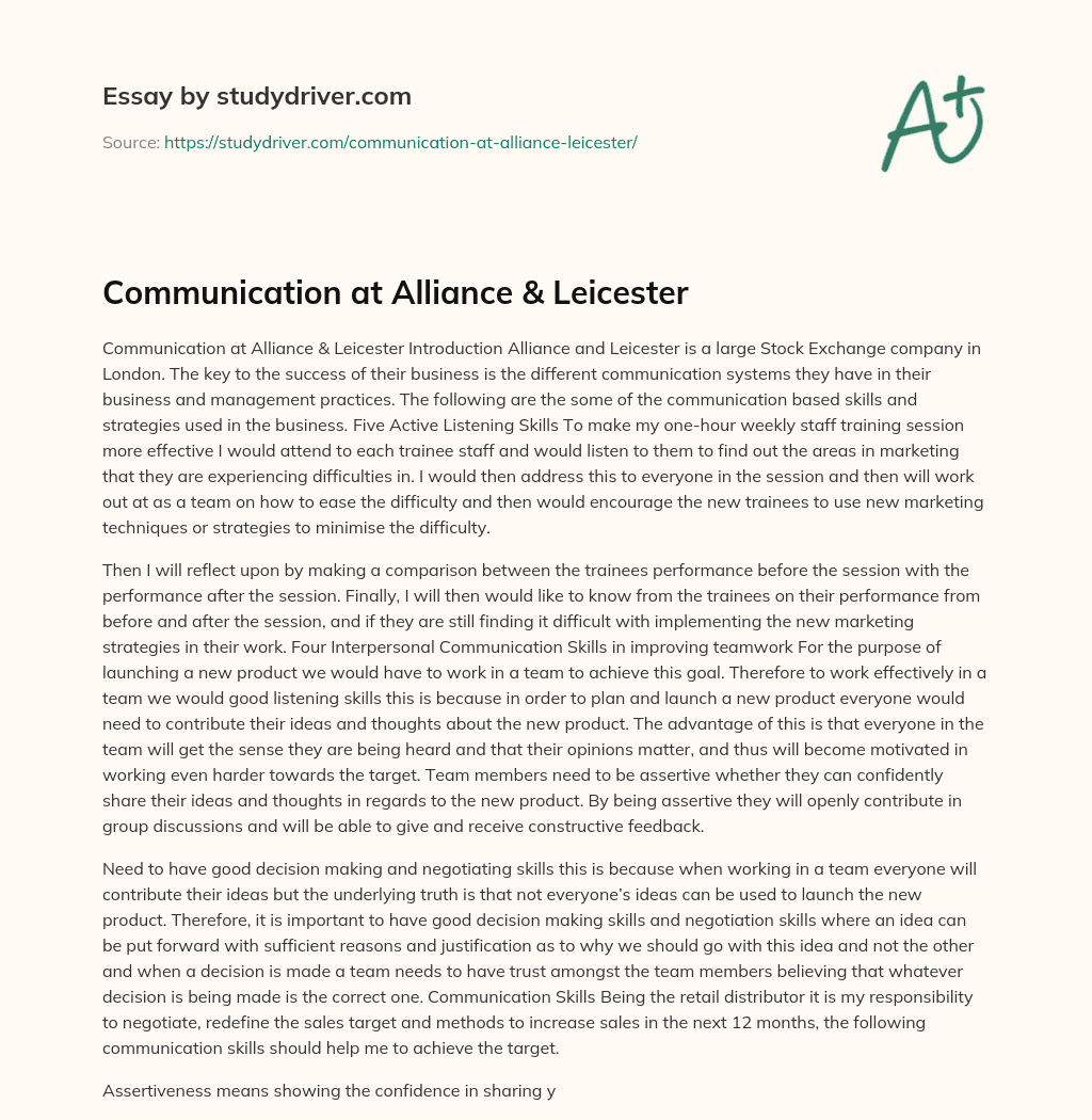 Communication at Alliance & Leicester essay