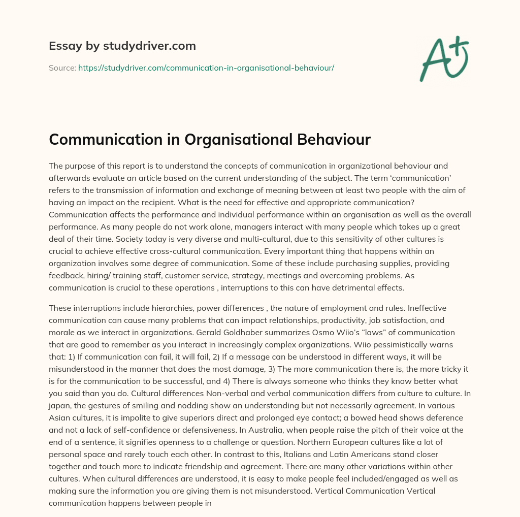 Communication in Organisational Behaviour essay