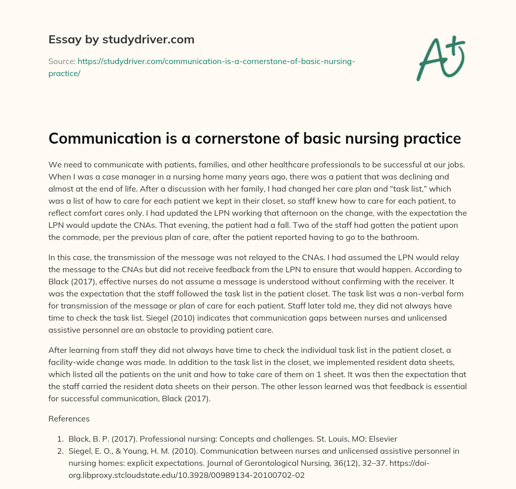 Communication is a Cornerstone of Basic Nursing Practice essay