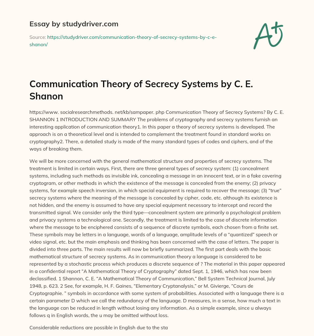 Communication Theory of Secrecy Systems by C. E. Shanon essay