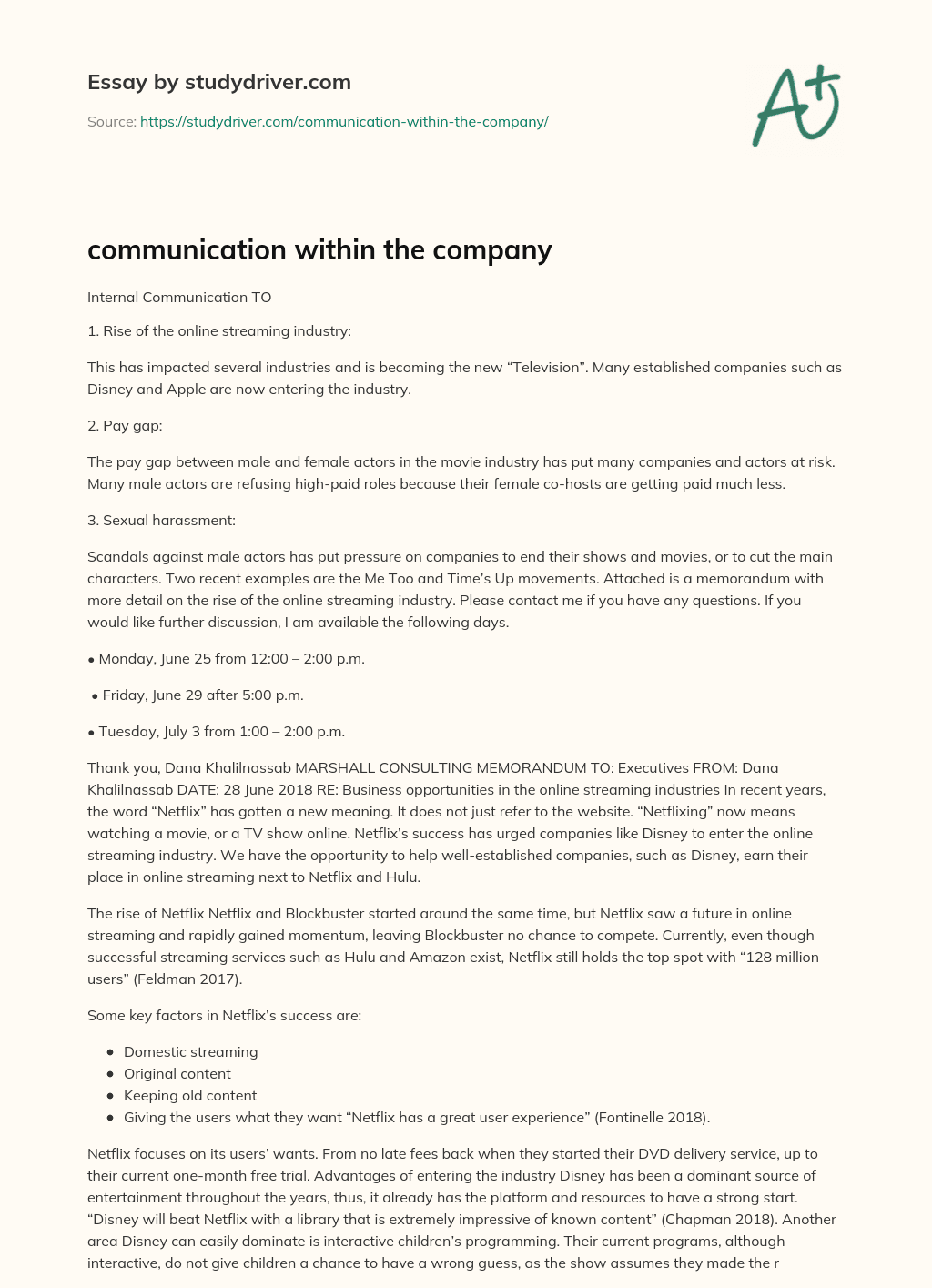 Communication Within the Company essay