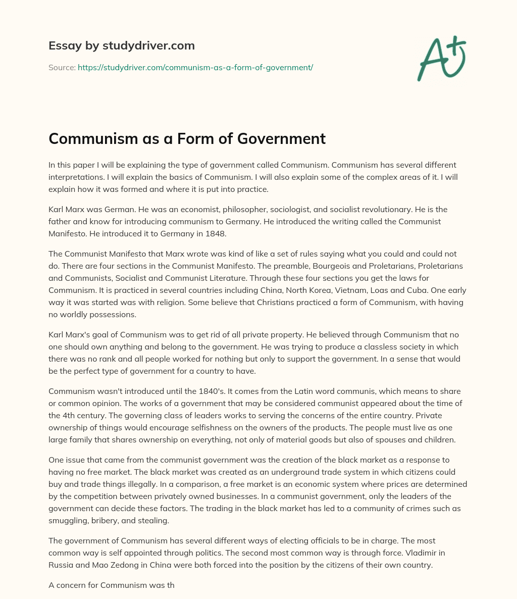 Communism as a Form of Government essay